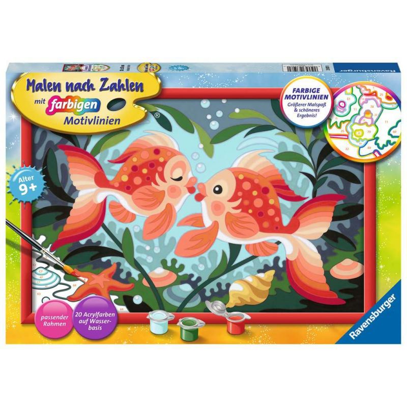 Malset-Box mit zwei orangefarbenen Fischen zwischen Wasserpflanzen, Farbtöpfchen und Pinseln. Malset-Box mit zwei orangefarbenen Fischen zwischen Wasserpflanzen, Farbtöpfchen und Pinseln.