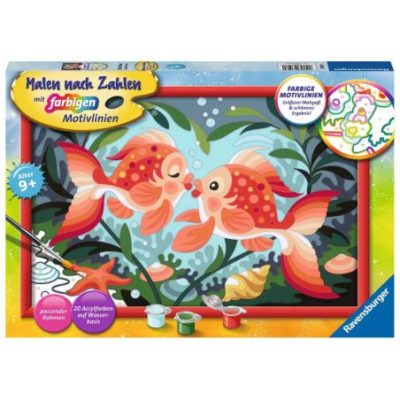 Malset-Box mit zwei orangefarbenen Fischen zwischen Wasserpflanzen, Farbtöpfchen und Pinseln. Malset-Box mit zwei orangefarbenen Fischen zwischen Wasserpflanzen, Farbtöpfchen und Pinseln.