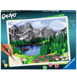 Malen-nach-Zahlen-Set mit Berglandschaft, Bäumen, See und bunten Blumen im Vordergrund.