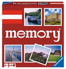 Ravensburger Memory-Spiel mit österreichischen Sehenswürdigkeiten, rotem Hintergrund, weißen Texten und Fotos.