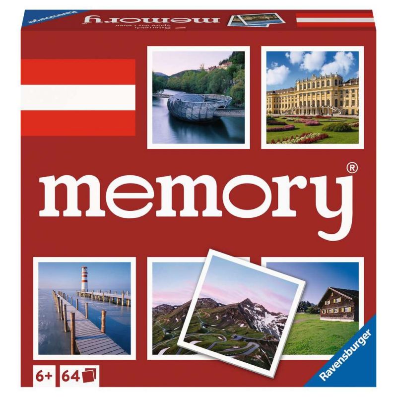 Ravensburger Memory-Spiel mit österreichischen Sehenswürdigkeiten, rotem Hintergrund, weißen Texten und Fotos. Ravensburger Memory-Spiel mit österreichischen Sehenswürdigkeiten, rotem Hintergrund, weißen Texten und Fotos.