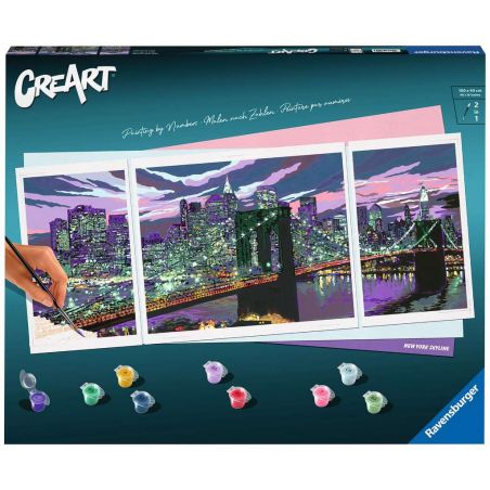 Malen-nach-Zahlen-Set mit farbenfroher New-York-Skyline und Brooklyn Bridge bei Sonnenuntergang, Farbtöpfe unten. Malen-nach-Zahlen-Set mit farbenfroher New-York-Skyline und Brooklyn Bridge bei Sonnenuntergang, Farbtöpfe unten.