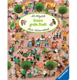 Buntes Buchcover mit Stadtmotiv: viele Menschen, Aktivitäten, Titel Unsere große Stadt.