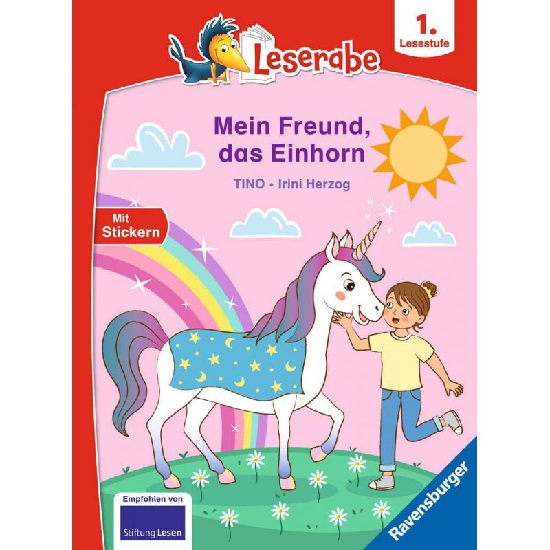 Ein Mädchen lächelt und berührt ein Einhorn unter Sonne und Regenbogen auf einem bunten Kinderbuchcover.