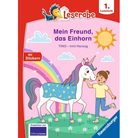 Ein Mädchen lächelt und berührt ein Einhorn unter Sonne und Regenbogen auf einem bunten Kinderbuchcover.