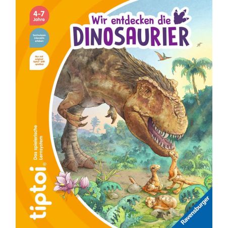 Großer und zwei kleine Dinosaurier im Dschungel, deutscher Text, Einband eines tiptoi-Buchs.
