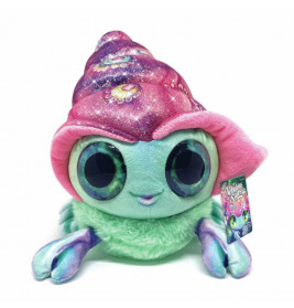 Eine Plüschschnecke mit rosa Haus, großen glänzenden Augen und einem bunt blau-grün-lila gefärbten Körper.