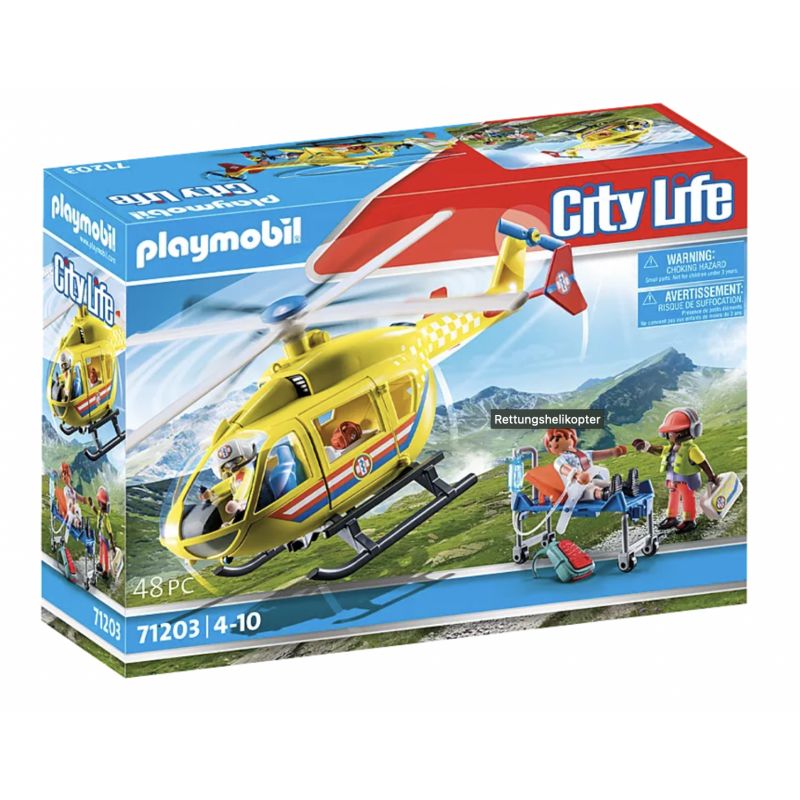 Playmobil City Life Rettungshubschrauber-Set mit Figuren, Trage und Bergkulisse auf der Verpackung.