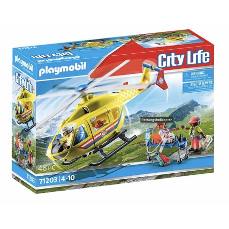 Playmobil City Life Rettungshubschrauber-Set mit Figuren, Trage und Bergkulisse auf der Verpackung.