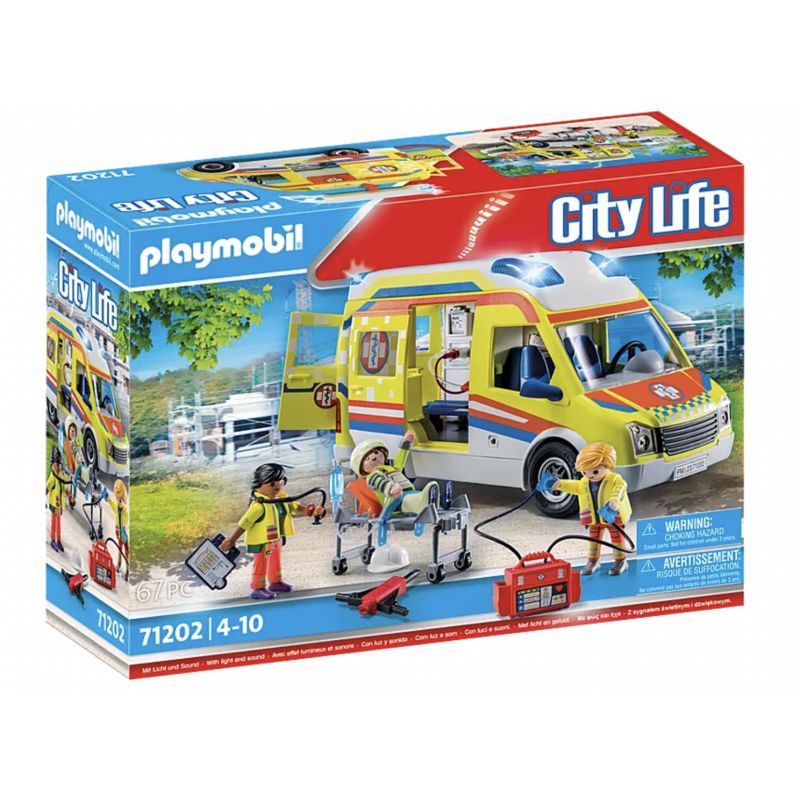 Playmobil City Life Rettungswagen-Set mit Figuren, Fahrzeug und medizinischem Zubehör in der Verpackung. Playmobil City Life Rettungswagen-Set mit Figuren, Fahrzeug und medizinischem Zubehör in der Verpackung.