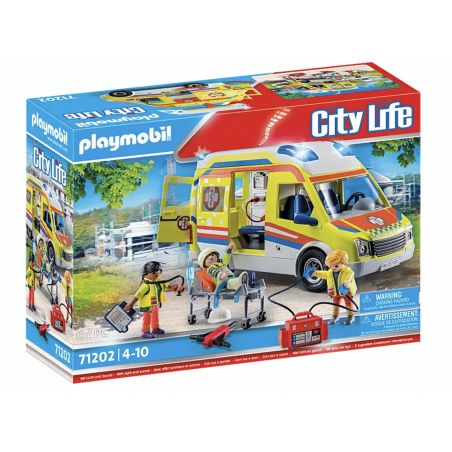 Playmobil City Life Rettungswagen-Set mit Figuren, Fahrzeug und medizinischem Zubehör in der Verpackung.