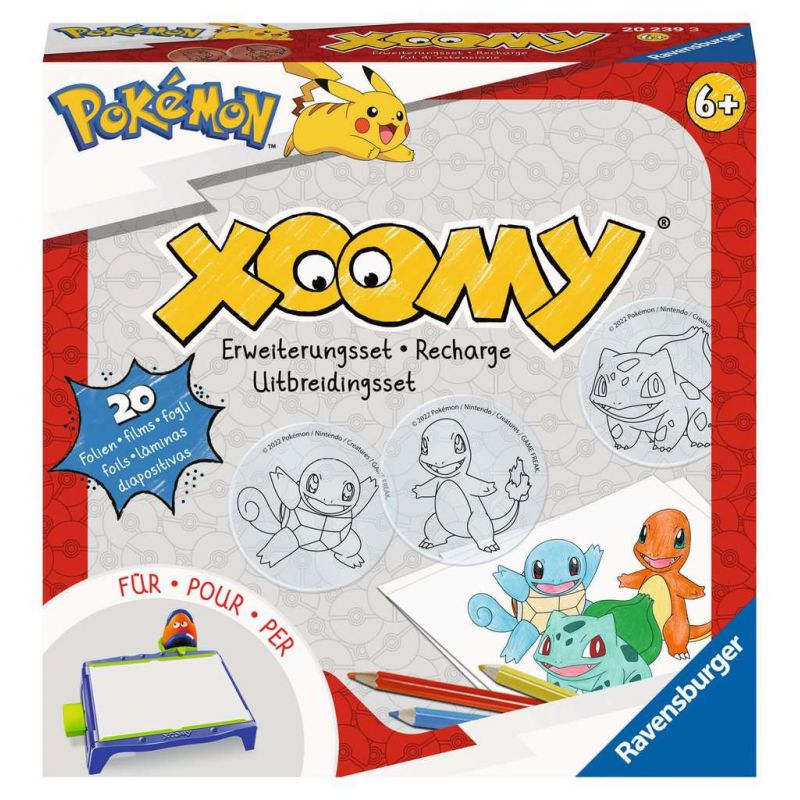 Ravensburger Xoomy Pokémon Zeichenset-Box mit Pikachu, Squirtle, Bisasam und Glumanda abgebildet.