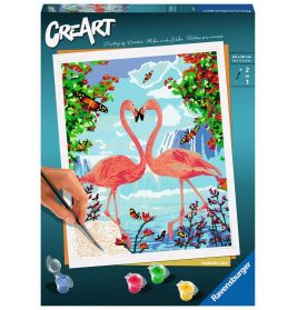 Malen-nach-Zahlen-Set mit Motiv zweier Flamingos am See, Schmetterlingen, Bäumen und Malutensilien auf der Box.