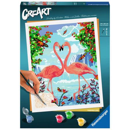 Malen-nach-Zahlen-Set mit Motiv zweier Flamingos am See, Schmetterlingen, Bäumen und Malutensilien auf der Box.