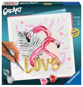 Eine Hand malt zwei Flamingos als Herz mit dem goldenen Wort Love auf einer CreArt Malset-Verpackung.