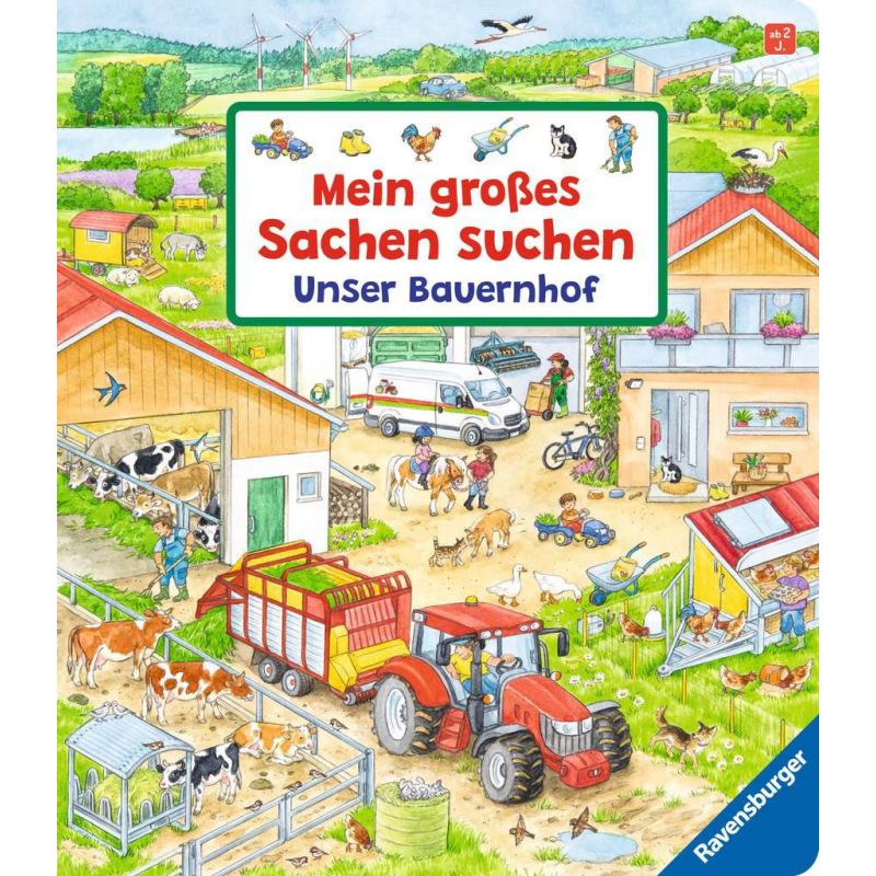 Illustrierte Bauernhofszene mit Tieren, Traktoren und Menschen deutscher Suchtext zu Dingen auf dem Hof.