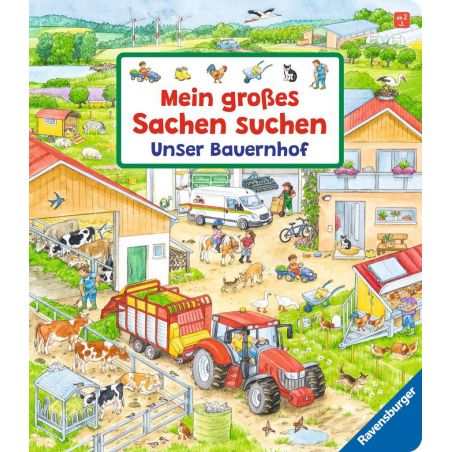 Illustrierte Bauernhofszene mit Tieren, Traktoren und Menschen deutscher Suchtext zu Dingen auf dem Hof.