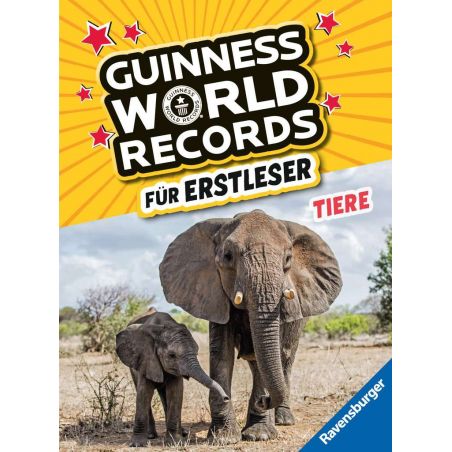 Guinness World Records Buchcover mit zwei Elefanten, deutscher Schrift und gelbem Sternen-Hintergrund.