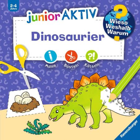 Buntes Cover eines deutschen Dinosaurier-Malbuchs für Kinder mit Stegosaurus und Bastelmaterialien.