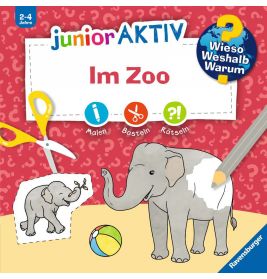 Illustrierter Buchumschlag: Elefant, Ball und Malutensilien, Titel Im Zoo für Kinder von 2 bis 4 Jahren.