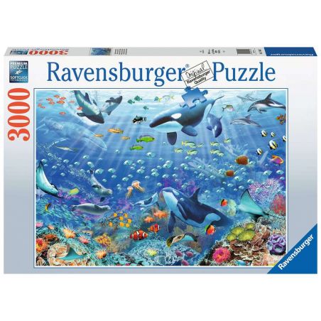 Ravensburger 3000 Teile Puzzle mit buntem Meeresleben: Orcas, Fische und Korallen. Ravensburger 3000 Teile Puzzle mit buntem Meeresleben: Orcas, Fische und Korallen.