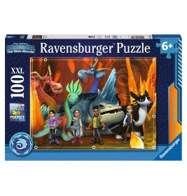 Ravensburger Puzzlebox mit 100 Teilen, zeigt Drachen und vier Figuren aus Dragons: Die Neun Reiche.