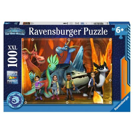 Ravensburger Puzzlebox mit 100 Teilen, zeigt Drachen und vier Figuren aus Dragons: Die Neun Reiche. Ravensburger Puzzlebox mit 100 Teilen, zeigt Drachen und vier Figuren aus Dragons: Die Neun Reiche.