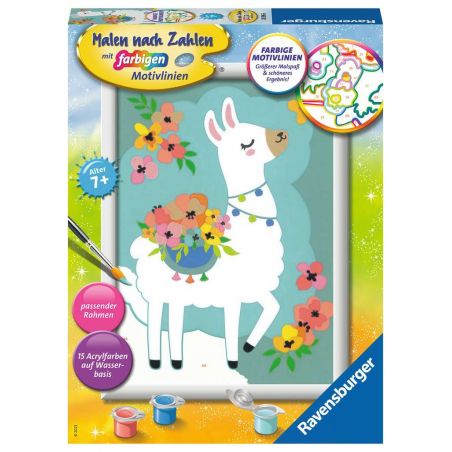 Malen-nach-Zahlen-Set mit weißem Lama und bunten Blumen, geeignet für Kinder ab 7 Jahren.