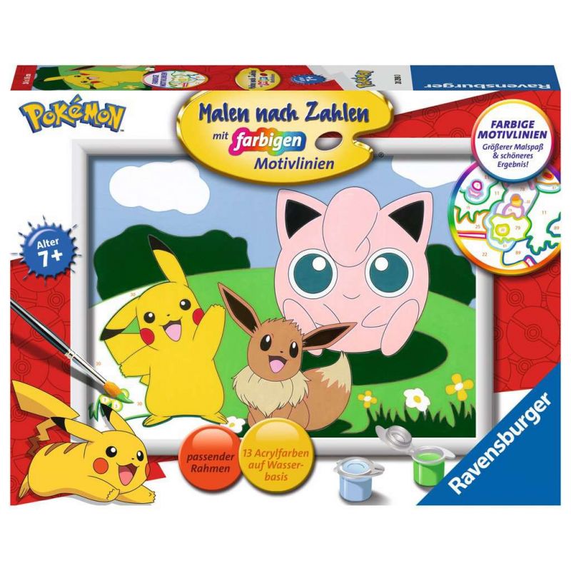 Pokémon Malen-nach-Zahlen-Set mit Pikachu, Evoli, Pummeluff sowie Malutensilien und Farben. Pokémon Malen-nach-Zahlen-Set mit Pikachu, Evoli, Pummeluff sowie Malutensilien und Farben.