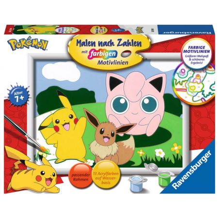 Pokémon Malen-nach-Zahlen-Set mit Pikachu, Evoli, Pummeluff sowie Malutensilien und Farben. Pokémon Malen-nach-Zahlen-Set mit Pikachu, Evoli, Pummeluff sowie Malutensilien und Farben.