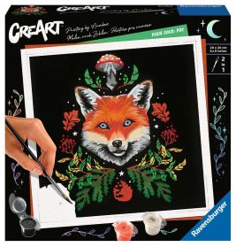 Malen-nach-Zahlen-Set mit Fuchs-Gesicht, bunten Blättern und einem Pilz auf schwarzem Hintergrund.