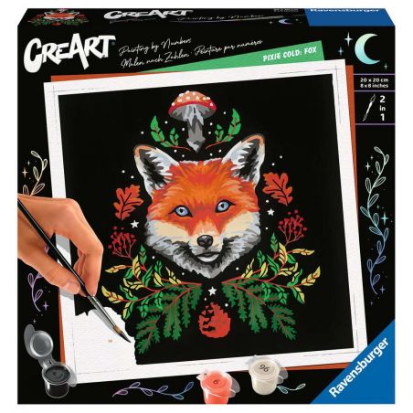Malen-nach-Zahlen-Set mit Fuchs-Gesicht, bunten Blättern und einem Pilz auf schwarzem Hintergrund.