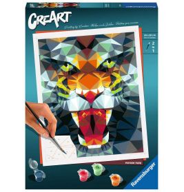 Box eines Malen-nach-Zahlen-Sets mit Polygon-Tiger, daneben eine Hand und bunte Farbtöpfe.
