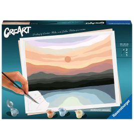 Box eines Malen-nach-Zahlen-Sets mit einer Hand, die eine bunte, minimalistische Landschaft bei Sonnenuntergang malt.