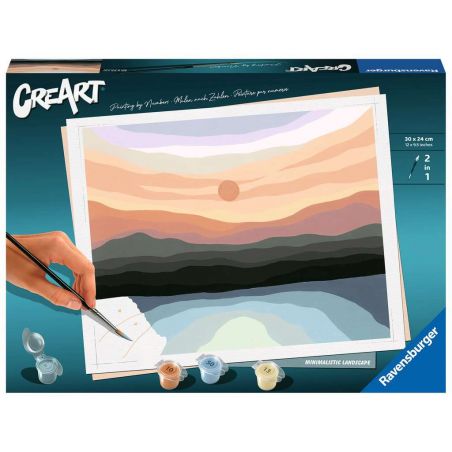 Box eines Malen-nach-Zahlen-Sets mit einer Hand, die eine bunte, minimalistische Landschaft bei Sonnenuntergang malt.