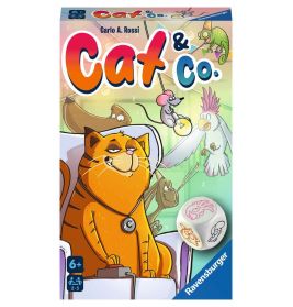 Spielbox von Cat & Co: Ein selbstzufriedener orangefarbener Kater, im Hintergrund Vögel und eine Maus.