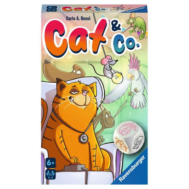 Spielbox von Cat & Co: Ein selbstzufriedener orangefarbener Kater, im Hintergrund Vögel und eine Maus.