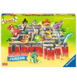 Labyrinth Junior Spieleschachtel, bunt mit Dinosauriern und Kindern um ein steinernes Labyrinth.