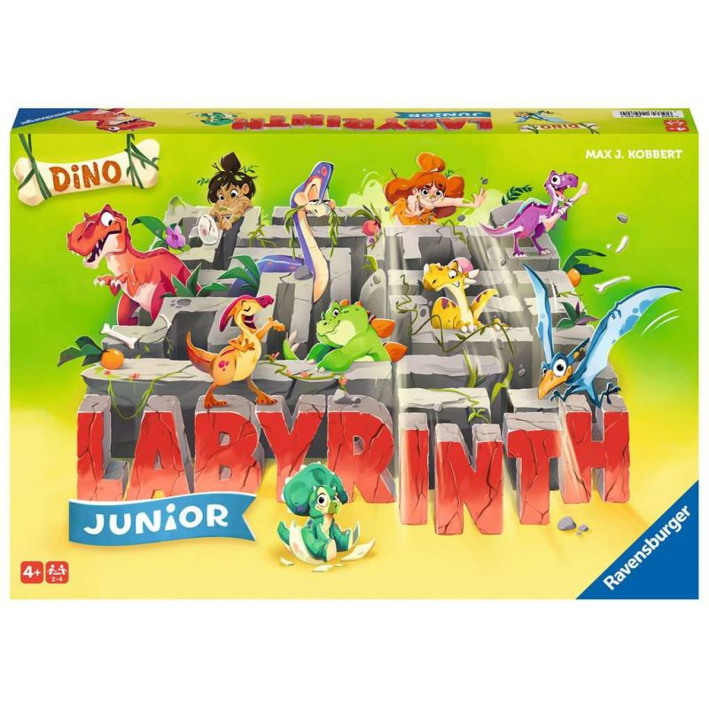 Labyrinth Junior Spieleschachtel, bunt mit Dinosauriern und Kindern um ein steinernes Labyrinth. Labyrinth Junior Spieleschachtel, bunt mit Dinosauriern und Kindern um ein steinernes Labyrinth.