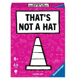 Eine pinke Spielschachtel mit der Aufschrift THATS NOT A HAT und einer Abbildung eines Verkehrshuts.
