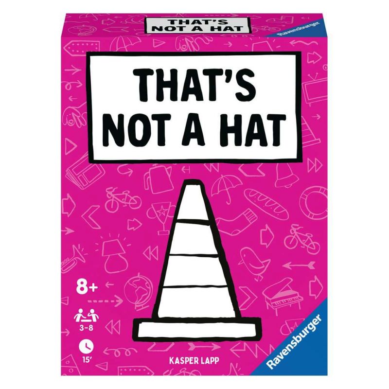 Eine pinke Spielschachtel mit der Aufschrift THATS NOT A HAT und einer Abbildung eines Verkehrshuts.