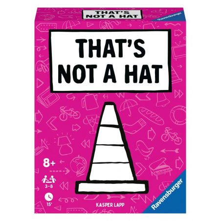 Eine pinke Spielschachtel mit der Aufschrift THATS NOT A HAT und einer Abbildung eines Verkehrshuts.