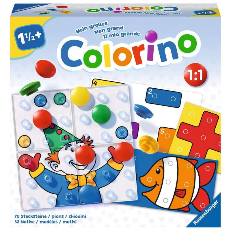 Colorino-Spielbox mit bunten Steckern, Clown- und Fischkarten sowie farbenfrohen Spielsteinen auf dem Cover.