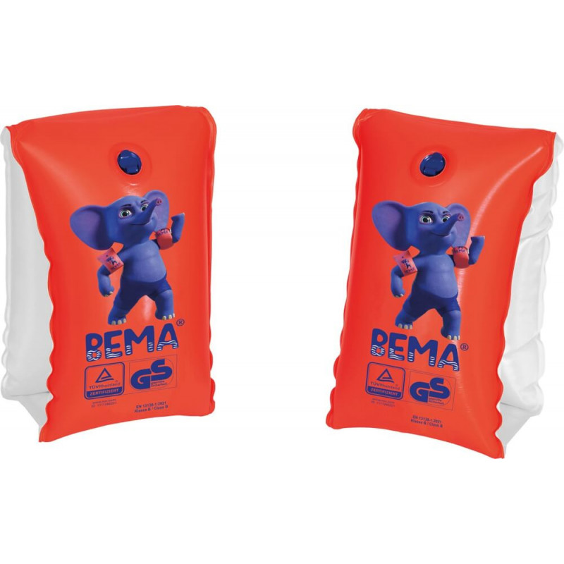 Zwei rot-weiße Schwimmflügel mit einem Cartoon-Elefanten auf der Vorderseite.