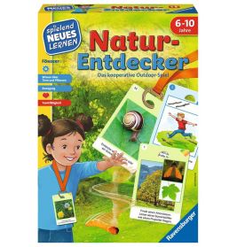 Schachtel des Natur-Entdecker-Spiels für Kinder 6-10 Jahre mit Naturkarten und lachendem Kind auf der Verpackung.