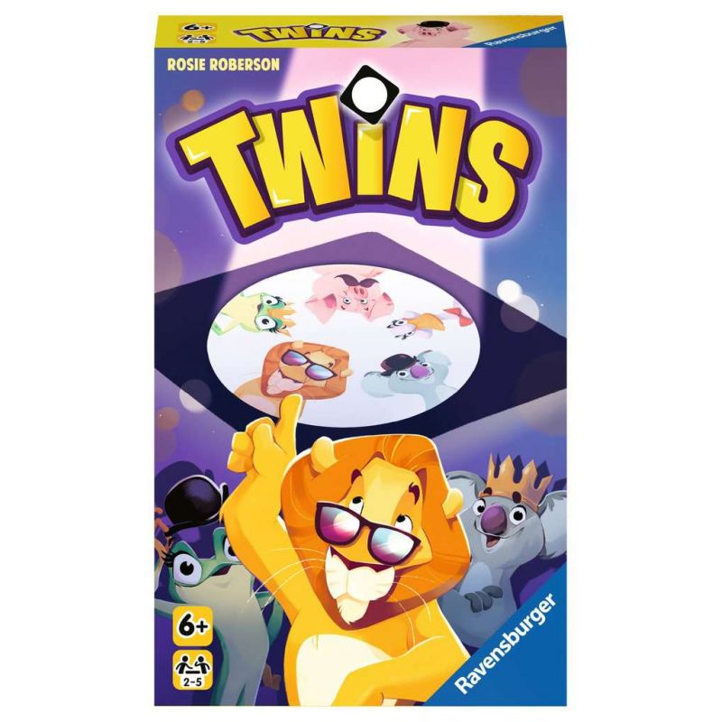 Box-Cover des Twins-Spiels mit einem Löwen in Sonnenbrille und weiteren bunten Tierfiguren.