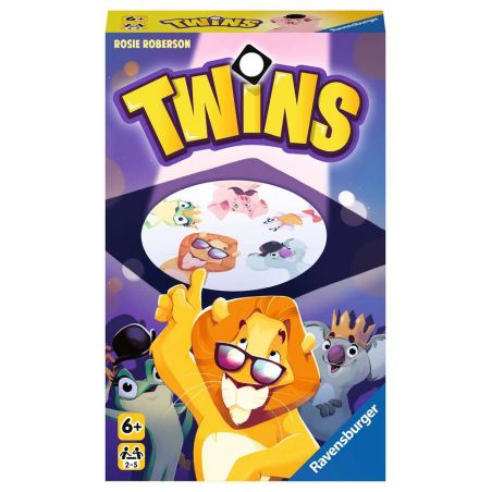 Box-Cover des Twins-Spiels mit einem Löwen in Sonnenbrille und weiteren bunten Tierfiguren.