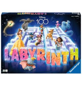 Disney 100 Labyrinth Brettspiel mit Disney-Figuren vor buntem Labyrinth-Hintergrund auf der Verpackung.