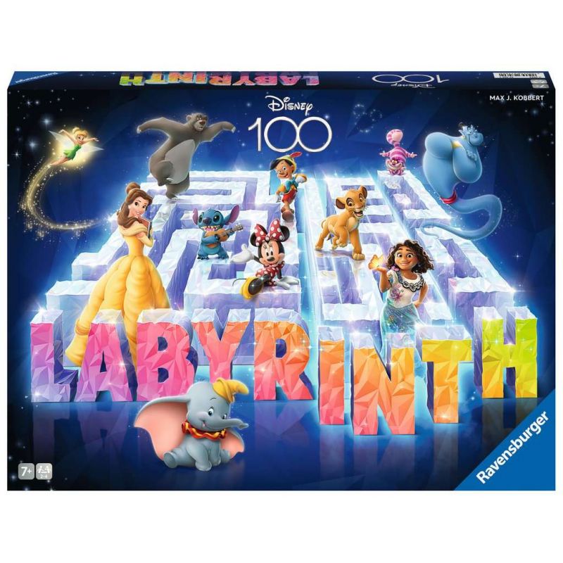 Disney 100 Labyrinth Brettspiel mit Disney-Figuren vor buntem Labyrinth-Hintergrund auf der Verpackung.