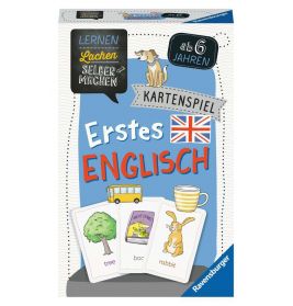 Blaue Box des Ersten Englisch Kartenspiels mit Bildkarten und englischen Begriffen für Kinder ab 6 Jahren.